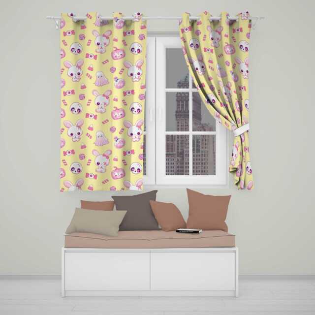 Cute Halloween Bunny Ghost Candy Pumpkin Seamless Pattern Yellow Background Readymade Eyelet Ring Top Thermal 100% Blackout Curtains - image 1