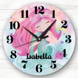 Watercolour Rainbow Mermaid Girls Room Custom Gift Personalised Clock - thumbnail 1