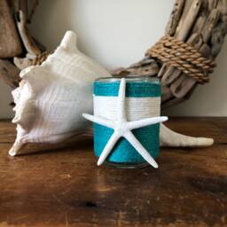 Turquoise & White Jute Wrapped Votive Candle Holder With Pencil Starfish - thumbnail 2