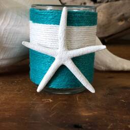 Turquoise & White Jute Wrapped Votive Candle Holder With Pencil Starfish - thumbnail 3