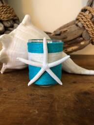 Turquoise & White Jute Wrapped Votive Candle Holder With Pencil Starfish