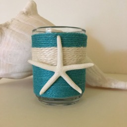 Turquoise & White Jute Wrapped Votive Candle Holder With Pencil Starfish - thumbnail 4