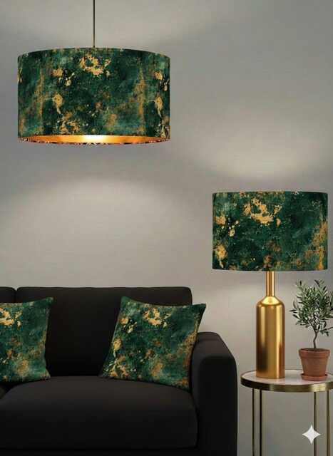 Handmade By Order Luxury Emerald Dark Green Marble Abstract Art Velvet Drum Lamp Shade Pendant Light All Shapes & Sizes Linin - image 1