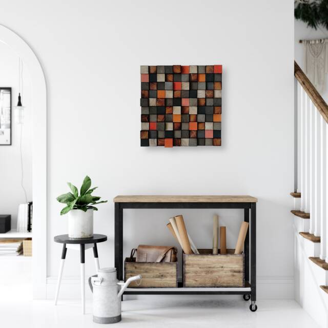 Reclaimed Wood Wall Art - Abstract Mosaic, Grey Orange Decor - image 1