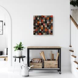 Reclaimed Wood Wall Art - Abstract Mosaic, Grey Orange Decor - thumbnail 1