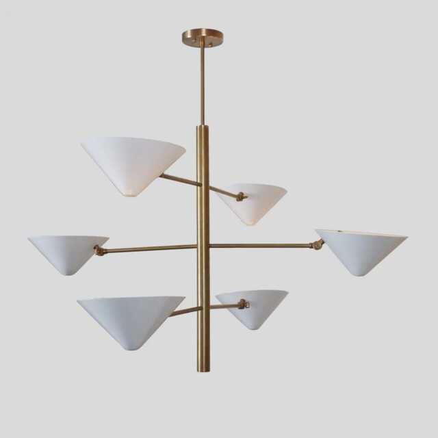Mid Century Modern Sputnik Chandelier - Brass Finish, White Shades 6 Light Fixture - image 1