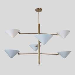 Mid Century Modern Sputnik Chandelier - Brass Finish, White Shades 6 Light Fixture - thumbnail 2