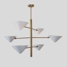 Mid Century Modern Sputnik Chandelier - Brass Finish, White Shades 6 Light Fixture - thumbnail 1