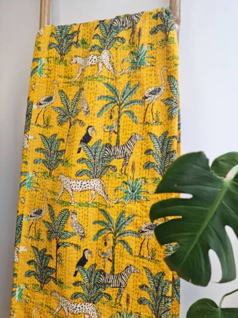 Kantha Stitch Pure Cotton Reversible Bed/Sofa Throw King Size Handmade Floral Dohar Happy Yellow Safari Tropical Exotic Forest Animal Tribe - image 1