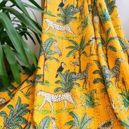 Kantha Stitch Pure Cotton Reversible Bed/Sofa Throw King Size Handmade Floral Dohar Happy Yellow Safari Tropical Exotic Forest Animal Tribe - thumbnail 2