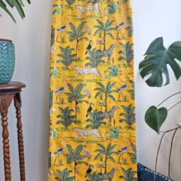 Kantha Stitch Pure Cotton Reversible Bed/Sofa Throw King Size Handmade Floral Dohar Happy Yellow Safari Tropical Exotic Forest Animal Tribe - thumbnail 3