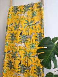 Kantha Stitch Pure Cotton Reversible Bed/Sofa Throw King Size Handmade Floral Dohar Happy Yellow Safari Tropical Exotic Forest Animal Tribe - thumbnail 1
