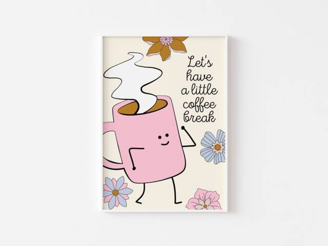 Cute Character Coffee Break Print - Pink Kitchen Print, Dorm Uni Lover, Retro Character, Girly Flowers - image 1