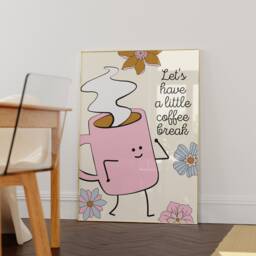 Cute Character Coffee Break Print - Pink Kitchen Print, Dorm Uni Lover, Retro Character, Girly Flowers - thumbnail 3