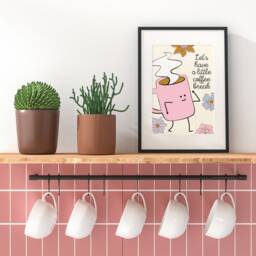 Cute Character Coffee Break Print - Pink Kitchen Print, Dorm Uni Lover, Retro Character, Girly Flowers - thumbnail 2
