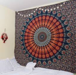 Indian Hippie Bohemian Psychedelic Peacock Mandala Wall Hanging Bedding Tapestry - Golden Blue