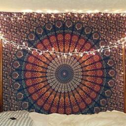 Indian Hippie Bohemian Psychedelic Peacock Mandala Wall Hanging Bedding Tapestry - Golden Blue - thumbnail 3