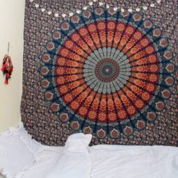 Indian Hippie Bohemian Psychedelic Peacock Mandala Wall Hanging Bedding Tapestry - Golden Blue - thumbnail 2
