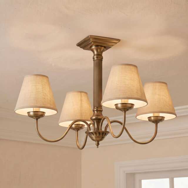 Nelson Antique Brass 4-Arm Chandelier, Traditional Candle Shades, Vintage Ceiling Light - image 1
