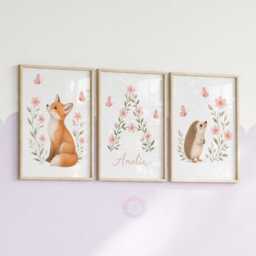 Pink Woodland Nursery Prints - Girls Personalised Print Set Of 3, Animal Bedroom Wall Art