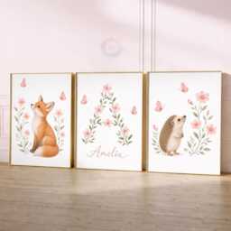 Pink Woodland Nursery Prints - Girls Personalised Print Set Of 3, Animal Bedroom Wall Art - thumbnail 2