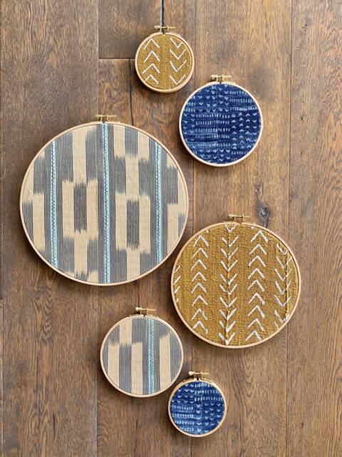 6 Piece Set, Mustard Blue African Mudcloth Gallery Wall Hanging Decor Wood Circle Frames Various Sizes, Modern Boho, Authenti - image 1