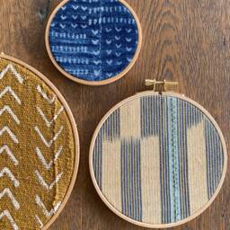 6 Piece Set, Mustard Blue African Mudcloth Gallery Wall Hanging Decor Wood Circle Frames Various Sizes, Modern Boho, Authenti - thumbnail 2