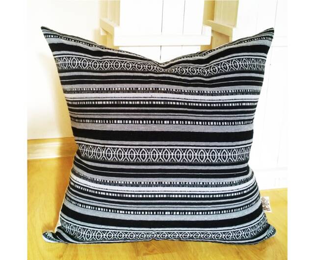 Black & White Textured Stripes Wooven Pillow Cover Kilim Style Grey Cream Ivory Bohemian Cushion Native Ethnic Farmhouse Boho Home Decor - image 1