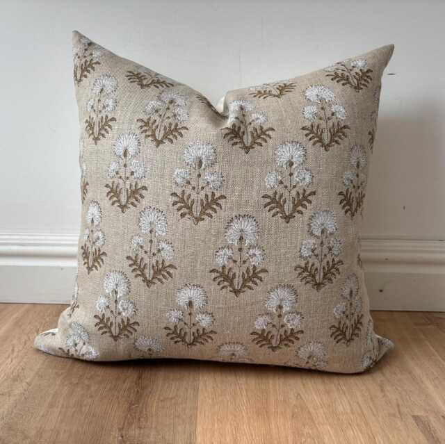 Authentic Indian Block Print Floral Fabric White Light Brown Beige Pillow Cover Cozy Textural Available Multiple Sizes Lodge Modern Scandi - image 1
