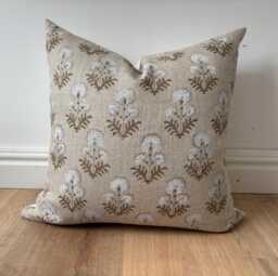 Authentic Indian Block Print Floral Fabric White Light Brown Beige Pillow Cover Cozy Textural Available Multiple Sizes Lodge Modern Scandi - thumbnail 1