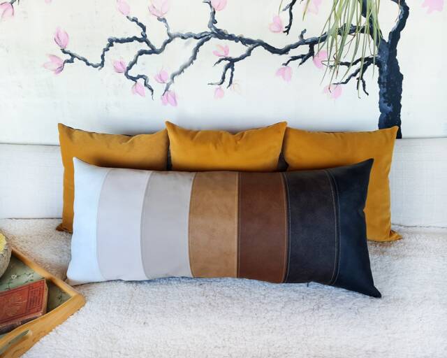 Faux Leather Lumbar Pillow Cover Autumn Decor, Waste-Free Design - 16x37 Inch - image 1