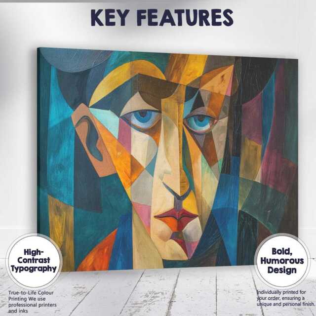 Blue Eyed Cubist Face Modern Geometric Portrait Painting Canvas Wall Art Print Decor Picture Ready To Hang - image 1