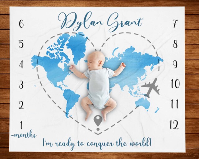Boy Milestone Blanket, Baby Shower Ideas, Monthly Growth Tracker, Personalized Custom Newborn Blanket Wm56 - image 1