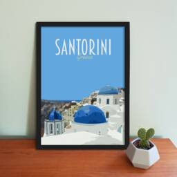 Santorini Travel Poster - Retro Vintage Style Greece Art Print, Artwork, Homeware, Postcard, Athens Travel Print - thumbnail 1