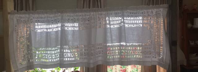 "White Lace Unlined Valance Antique Hand Worked Embroidery Curtain Topper 16"" X 68" - image 1
