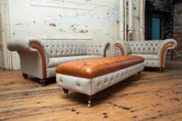 Handmade 3str + 1.5str Footstool Suite - Wheat Herringbone Wool & Vintage Tan Leather Chesterfield Sofa - thumbnail 1