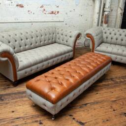 Handmade 3str + 1.5str Footstool Suite - Wheat Herringbone Wool & Vintage Tan Leather Chesterfield Sofa - thumbnail 3