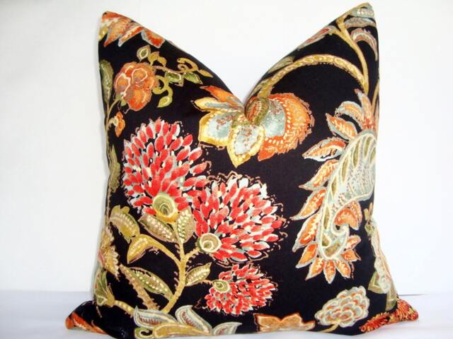 Black Chinoiserie Floral Pillow Cover, Red Exotic Flower Accent - image 1