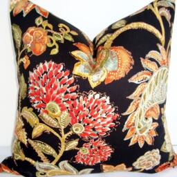 Black Chinoiserie Floral Pillow Cover, Red Exotic Flower Accent - thumbnail 3