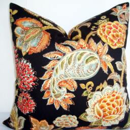 Black Chinoiserie Floral Pillow Cover, Red Exotic Flower Accent - thumbnail 2