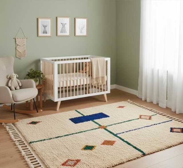 Handmade Wool Berber Rug - Cream Geometric Beni Ourain Style Boho Area - image 1