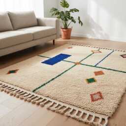 Handmade Wool Berber Rug - Cream Geometric Beni Ourain Style Boho Area - thumbnail 2