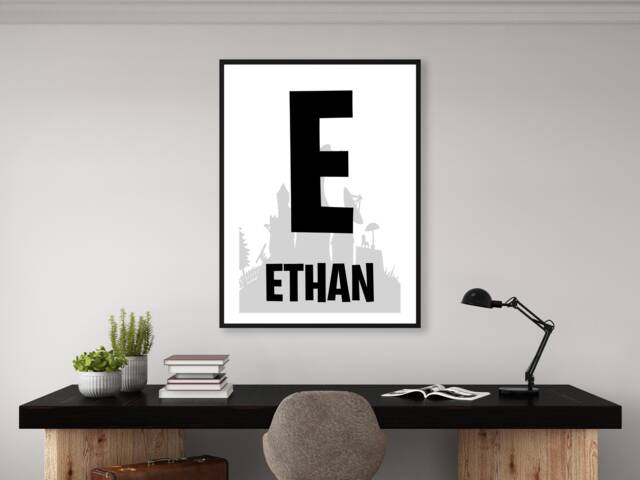 Gaming Room Black & Grey Initial Name - Personalised Print Custom Boys Girls Decor Gift Bespoke A5 A4 A3 Framed - image 1