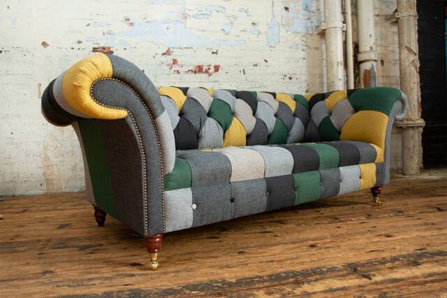 Unique British Handmade 3 Seater Herringbone Wool Patchwork Chesterfield Sofa - Green, Mustard, Grey - image 1