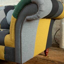 Unique British Handmade 3 Seater Herringbone Wool Patchwork Chesterfield Sofa - Green, Mustard, Grey - thumbnail 3
