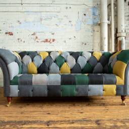 Unique British Handmade 3 Seater Herringbone Wool Patchwork Chesterfield Sofa - Green, Mustard, Grey - thumbnail 2