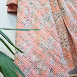 Kantha Stitch Pure Cotton Reversible Bed/Sofa Throw King Size Handmade Floral Indian Dohar Elegant Spring Pastel Peach Botanical Bloom - thumbnail 3