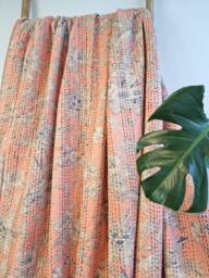 Kantha Stitch Pure Cotton Reversible Bed/Sofa Throw King Size Handmade Floral Indian Dohar Elegant Spring Pastel Peach Botanical Bloom - thumbnail 1
