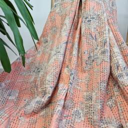 Kantha Stitch Pure Cotton Reversible Bed/Sofa Throw King Size Handmade Floral Indian Dohar Elegant Spring Pastel Peach Botanical Bloom - thumbnail 4