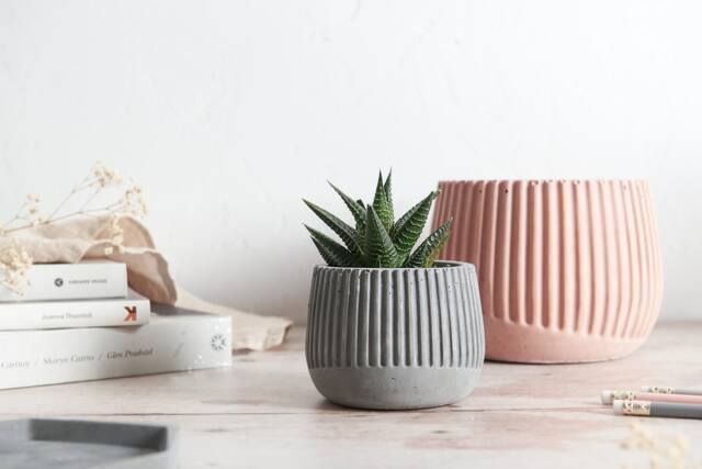 striped Concrete Plant Pot Modern Ridged Indoor Planter - image 1